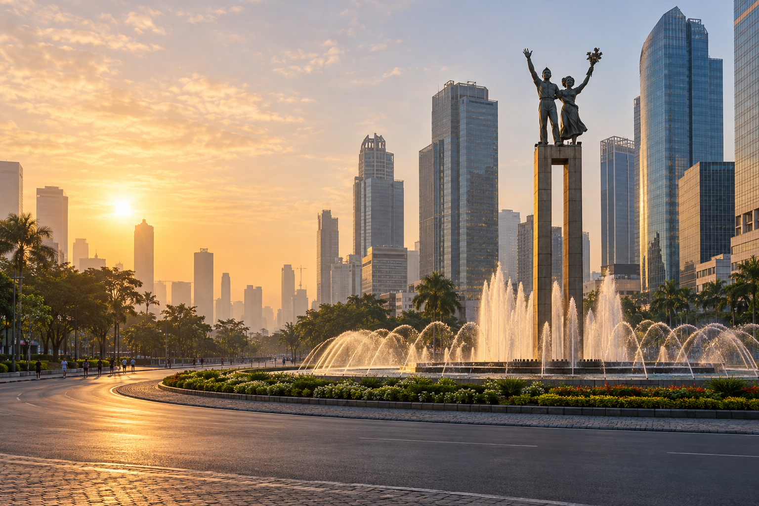 The Selamat Datang Monument at Bundaran HI, Jakarta, at sunrise