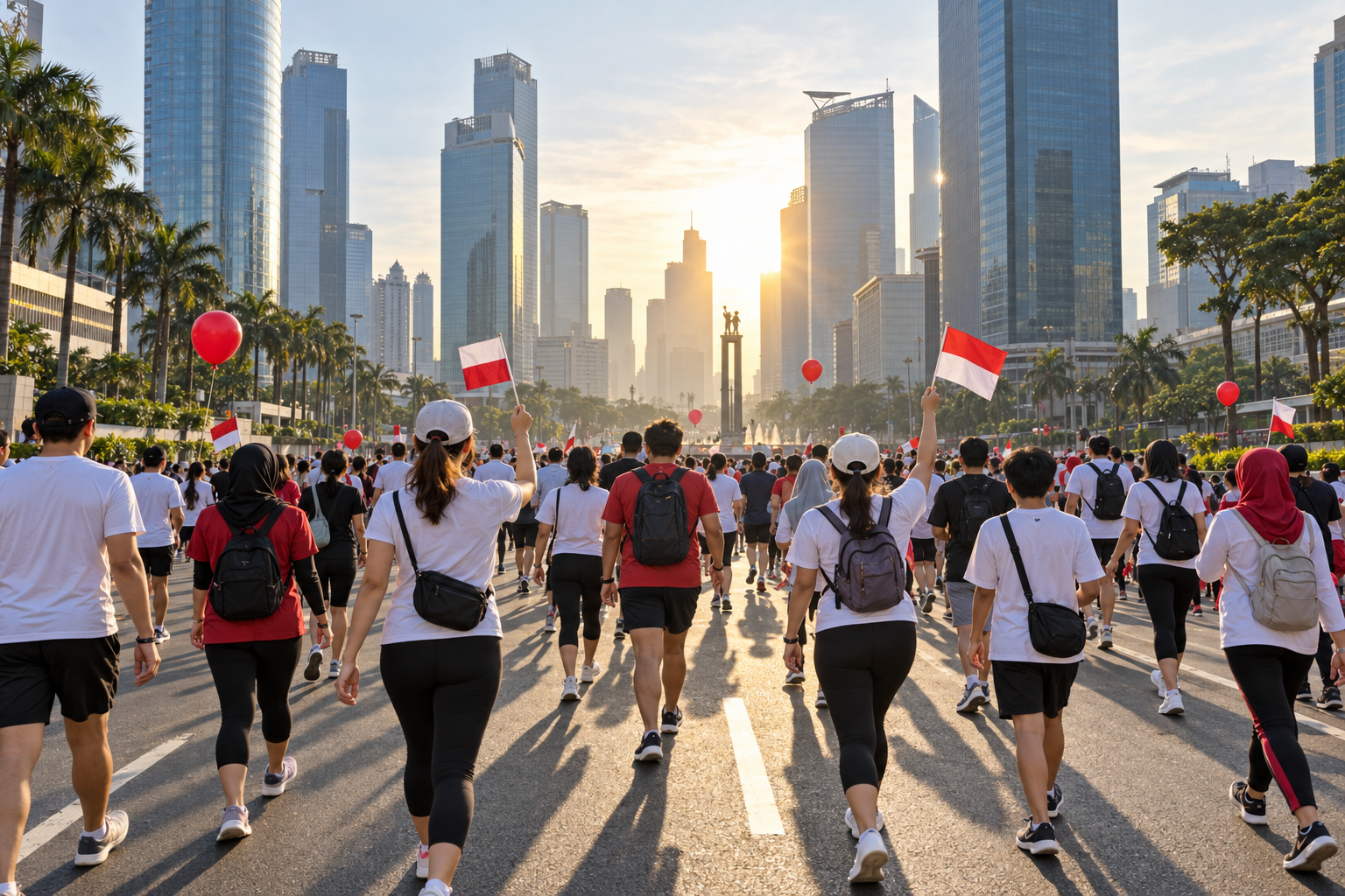 Walkers with Polish and Indonesian flags on Jalan Sudirman